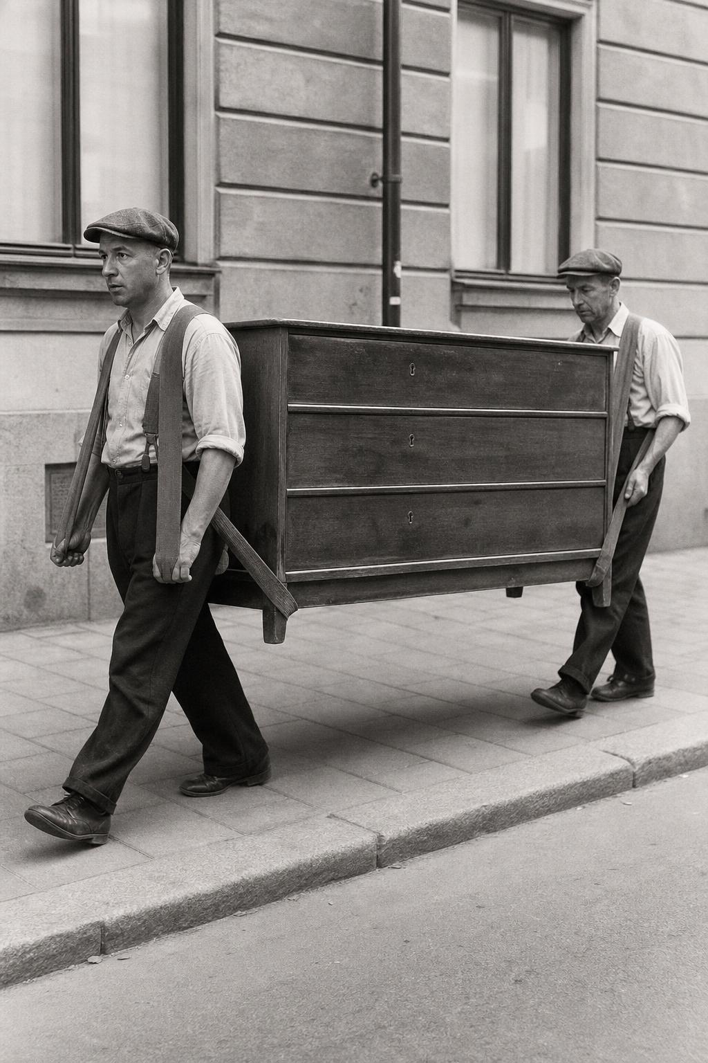 Två svenska flyttare på 1950-talet bär en byrå längs en gata i Stockholm — en framför och en bakom, med bärselar över axlarna